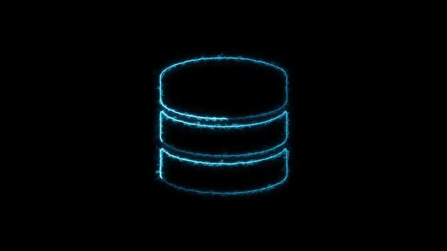 Blue neon glowing database server icon animation for data storage cloud computing and technology.