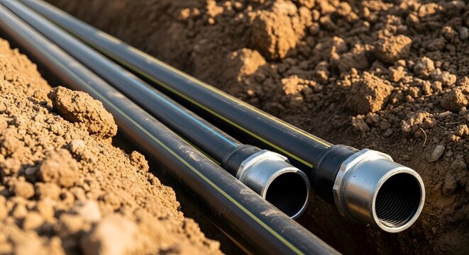 Black polyethylene pipes laid in a narrow earthen trench for utility infrastructure installation.