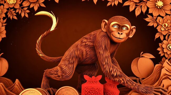 Golden Monkey with Coins, Peach and Gifts in Festive Glow