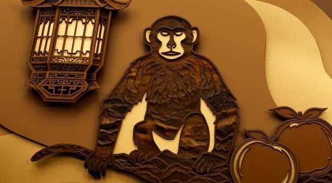 Golden Monkey Statue Inside Ornate Lantern in Warm Glow