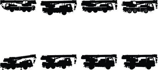 Obraz premium Collection of eight detailed black vector silhouettes showcasing various mobile cranes with booms retracted, ready for heavy construction work and industrial operations.