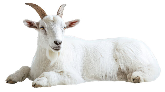 Pure white goat with small horns and detailed fur lying down on transparent background