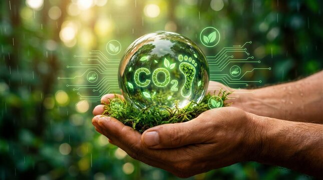 Human hands holding a glass globe with green CO2 footprint and digital circuit traces representing sustainable technology
