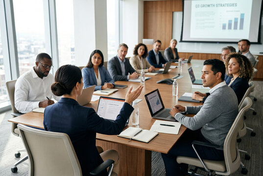 businesswoman Leading Boardroom Meeting. diverse boardroom team seated around long conference table, with laptops and notebooks open, discussing charts on screen in bright modern office environment.