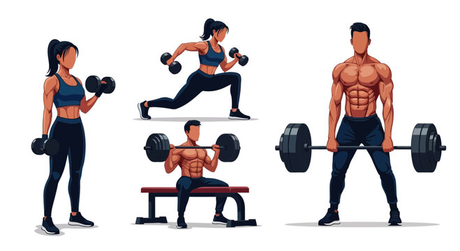 People engaging in various weightlifting exercises.