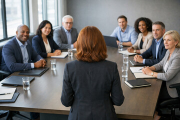 Obraz premium A diverse group of professionals engage in a meeting around a wooden table, fostering collaboration and problem-solving in a corporate setting. 
