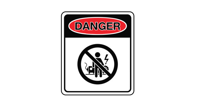 Industrial danger warning sign prohibits access or specific actions near machinery with a high voltage electricity symbol.
