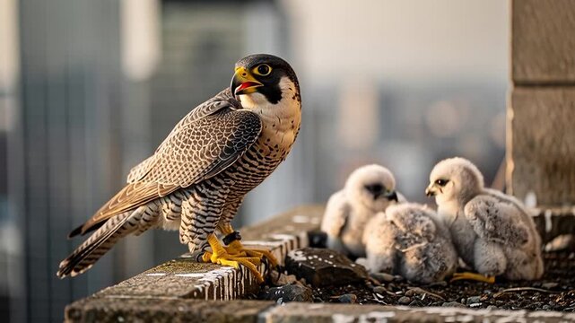 Peregrine Falcon with Chicks on a Ledge.