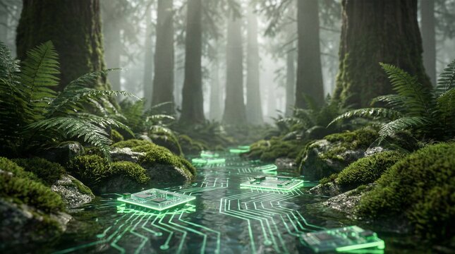 Computer microchips and glowing circuit traces floating on a stream in a dense misty green forest