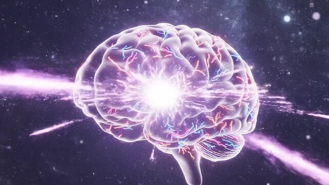 Brain with colorful neural activity in space