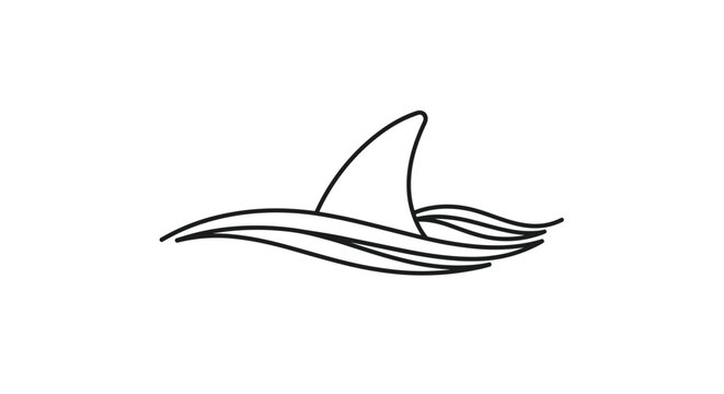 Simple black line art illustration of a shark fin emerging from ocean waves representing sea life and ocean danger.