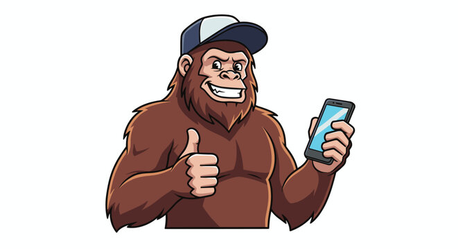 Friendly cartoon sasquatch or bigfoot wearing a cap and holding a smartphone while giving a thumbs up for apps.