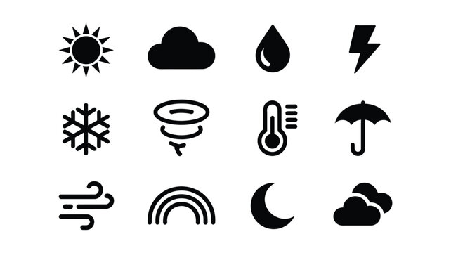 Weather icons set including sun cloud rain lightning snowflake tornado thermometer umbrella wind rainbow moon and storm clouds on white background for forecasting and climate