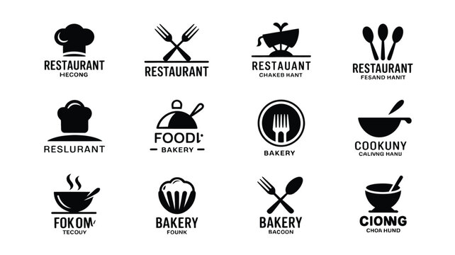 Bundle of restaurant and bakery logos with utensils food and cooking symbols on white background