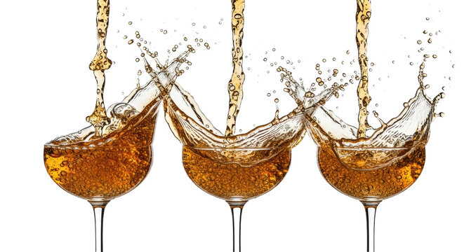 Three crystal coupe glasses receiving golden, amber-toned prosecco in an ultra high-speed macro shot, dynamic liquid crown splashes and frozen droplets on white, high impact advertising concept