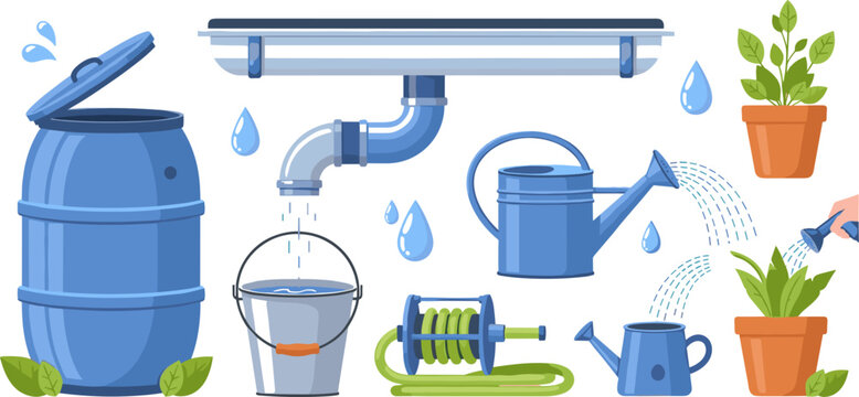 Illustration Set of Watering Equipment, Rainwater Harvesting System, and Indoor Plants for Garden Care