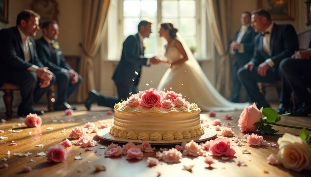 A chaotic wedding scene; cake smashed, flowers strewn, decorations askew, suggesting a tumultuous union  The image conveys a sense of unrestrained emotion and disorder ,  disarray,  disorder