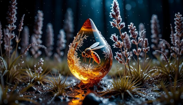 Large mosquito trapped in a drop of amber. Detailed insect preserved in golden resin, creating a dramatic natural concept of time, evolution and ancient life.