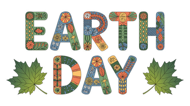Earth day illustration with leaves and floral patterns