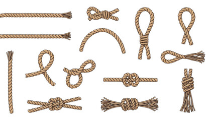 A collection of various rope knots and ties in a vector graphic © Lupna