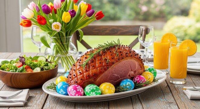 Colorful easter feast featuring roasted ham and festive decorations