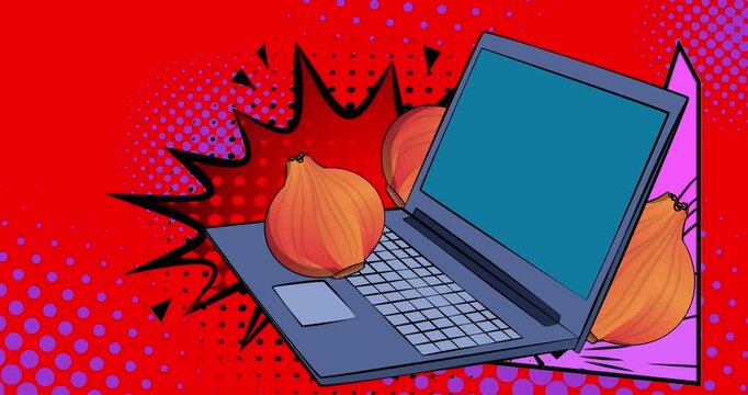 Cartoon Laptop, comic book Notebook with Onion. Retro cartoon comics pop art animation.
