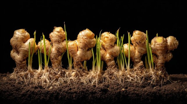 Cross-section of ginger rhizomes sprouting roots and green shoots in rich soil, a detailed botanical view showcasing natural growth and health.