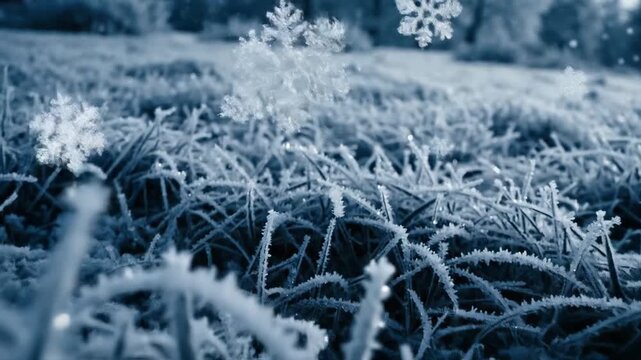 Close-up of frosted grass blades with falling snowflakes, winter nature scene