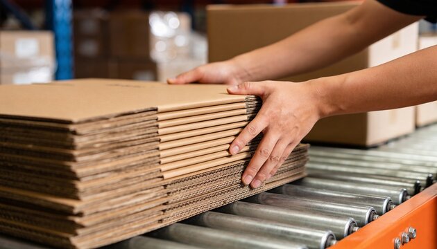 Hands placing a stack of flat cardboard boxes onto a roller conveyor belt in a warehouse setting, highlighting logistics and packing processes.
