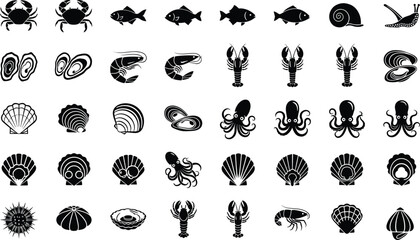 Seafood icons, marine animal silhouettes, crab fish shrimp lobster oyster clam scallop octopus snail, culinary illustration, biology education, restaurant branding vector art © KHADIJA