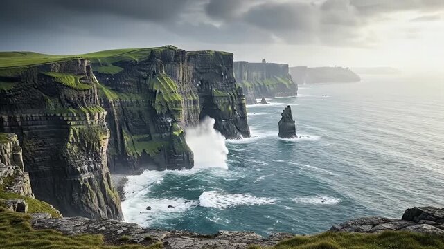 Dramatic coastal cliffs rising above a turbulent ocean under a misty overcast sky