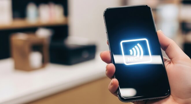 Contactless Digital Wallet Payment Symbol Displayed on Smartphone Screen for Secure NFC Tap to Pay Transactions in Modern Retail Shopping Spaces

