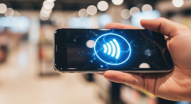 Contactless Mobile Payment Technology Icon Glowing on Smartphone Screen in Retail Store Environment for Secure Cashless Shopping and Digital Wallets


