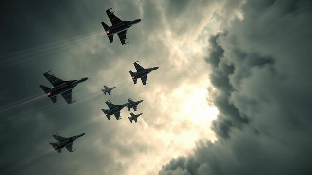 China Taiwan military tension visualization with fighter aircraft formation flying through stormy sky, ultra realistic defense aviation