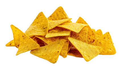 Fototapeta premium Pile of golden tortilla chips arranged on dark surface, AI, PNG