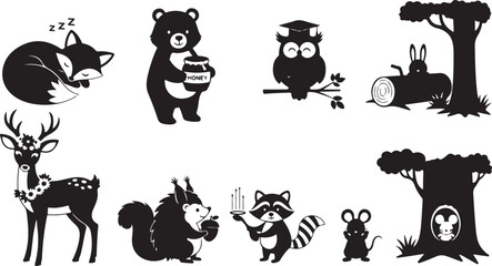 Obraz premium Black silhouettes of various animals in different poses and activities forest nature