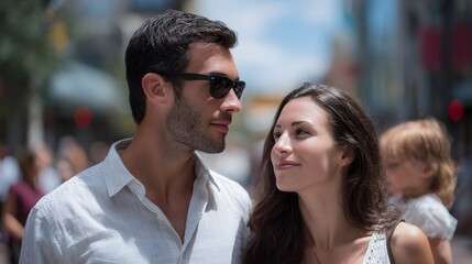 Obraz premium A joyful couple gazes at each other on a bright sunny city street their young child in the background