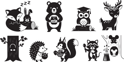 Black and white cartoon animals in various activities and poses 2 © Sagor_offlcial store