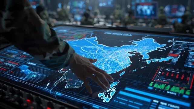 China Taiwan strategic conflict concept with digital command center analyzing large military map displays, realistic geopolitical planning scene, Military analysts monitor China's digital map 