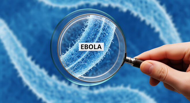 Magnified Ebola virus particle with label viewed through magnifying glass microscopic