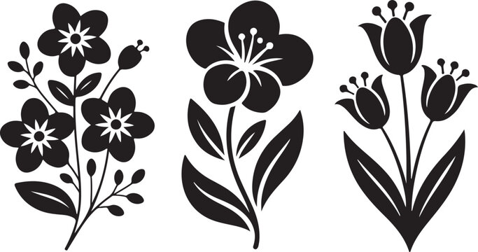 Vector black silhouettes of flowers isolated on a white background.