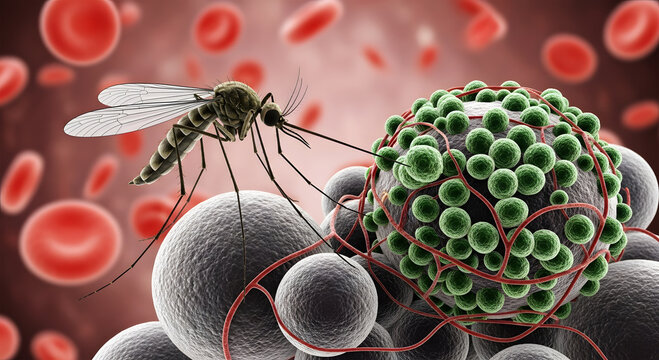 Mosquito insect with proboscis near green spherical cells and red blood cells disease