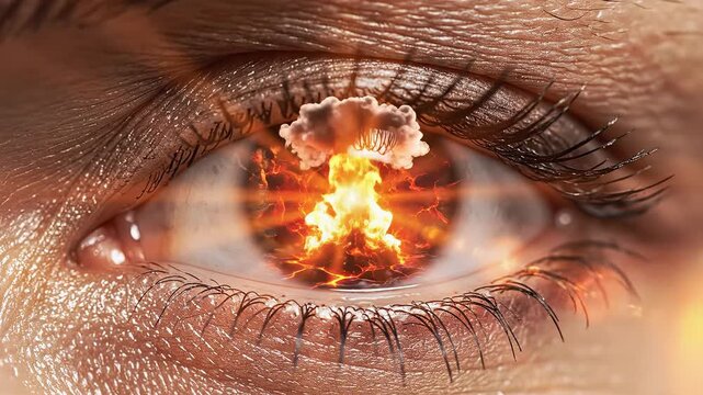Human eye with fiery explosion reflection