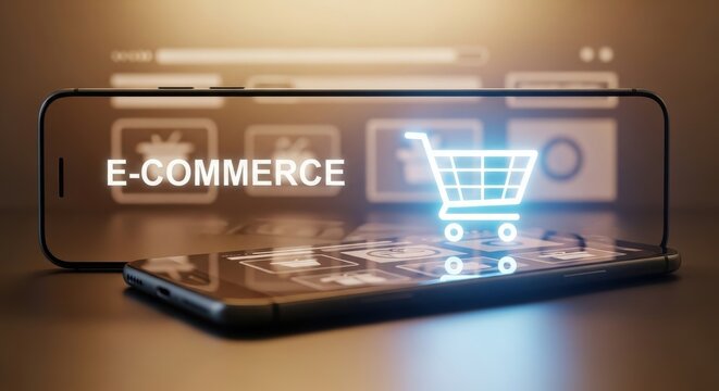 E-commerce shopping cart icon emerging from smartphone screen symbolizing online retail, mobile shopping, digital payments, and global virtual storefronts

