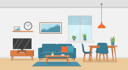 Fototapeta premium Modern living room interior with comfortable furniture and dining area.
