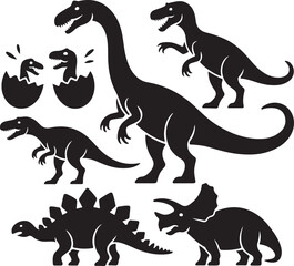 Vector illustration of dinosaur silhouette including Stegosaurus, Brontosaurus, Velociraptor, Triceratops, Tyrannosaurus rex, and Spinosaurus. © FATEMA BEGUM
