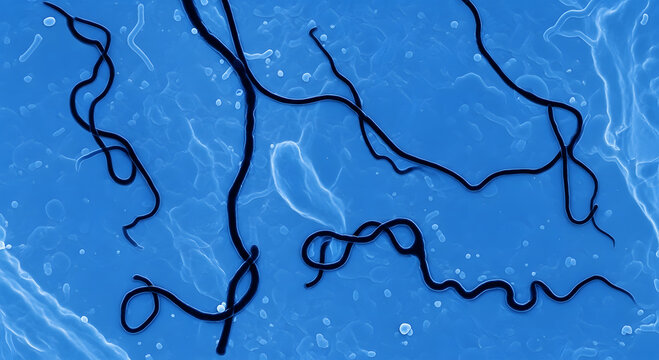 Spirochete bacteria with spiral shapes on blue textured background microscopic science