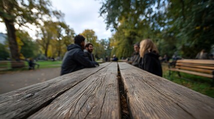 Fototapeta premium A group of people sits around a rustic wooden table in a park during the autumn season captured with a low angle perspective