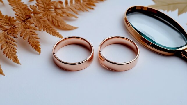 Two simple, polished rose gold wedding bands are placed side-by-side on a large, pressed botanical specimen