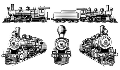 Vintage Train Vector Set with Retro Locomotive Illustrations for Label and Poster Design © MdSirazul